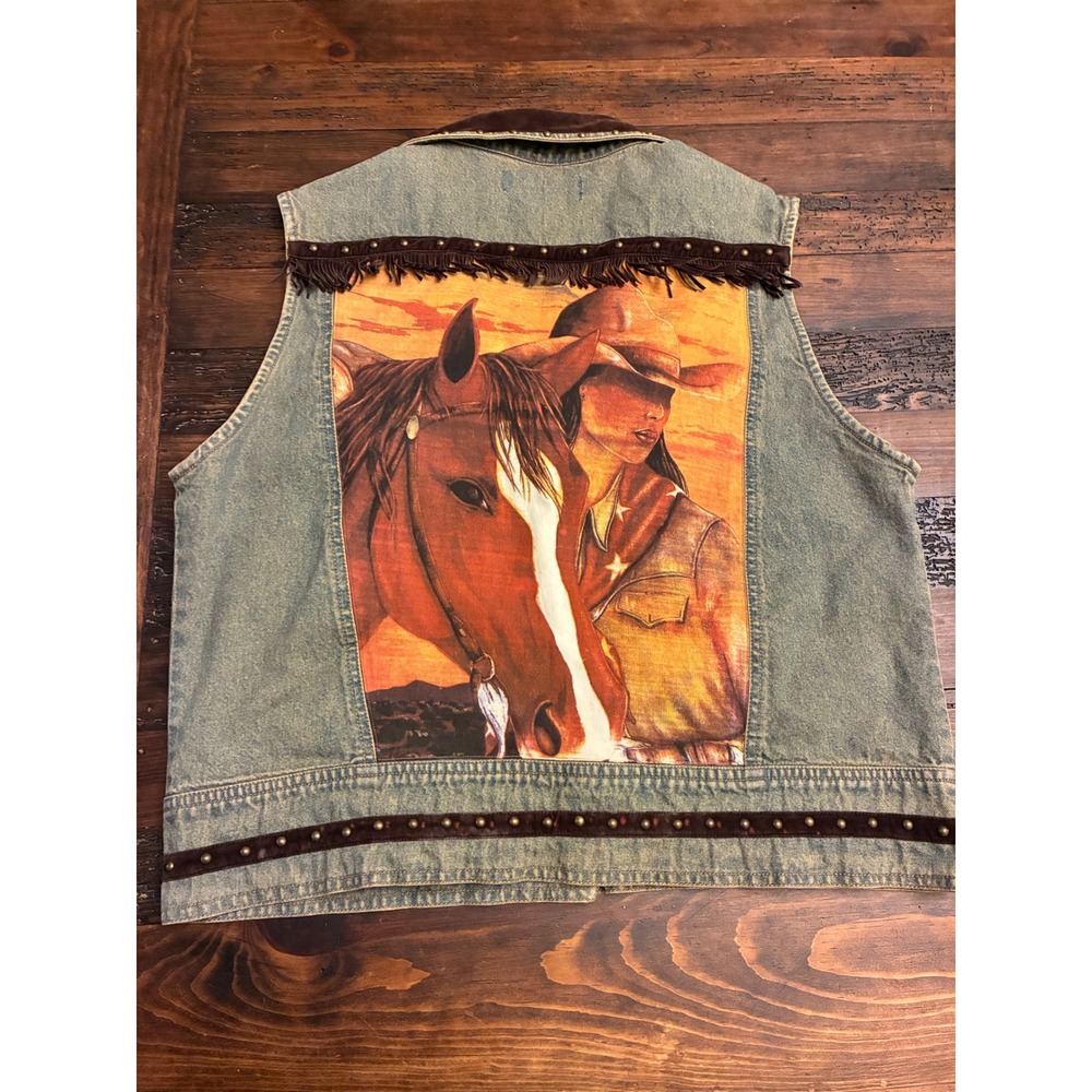 Vintage Doreman Burns Cowgirl Denim Vest with Fringe Suede Yoke